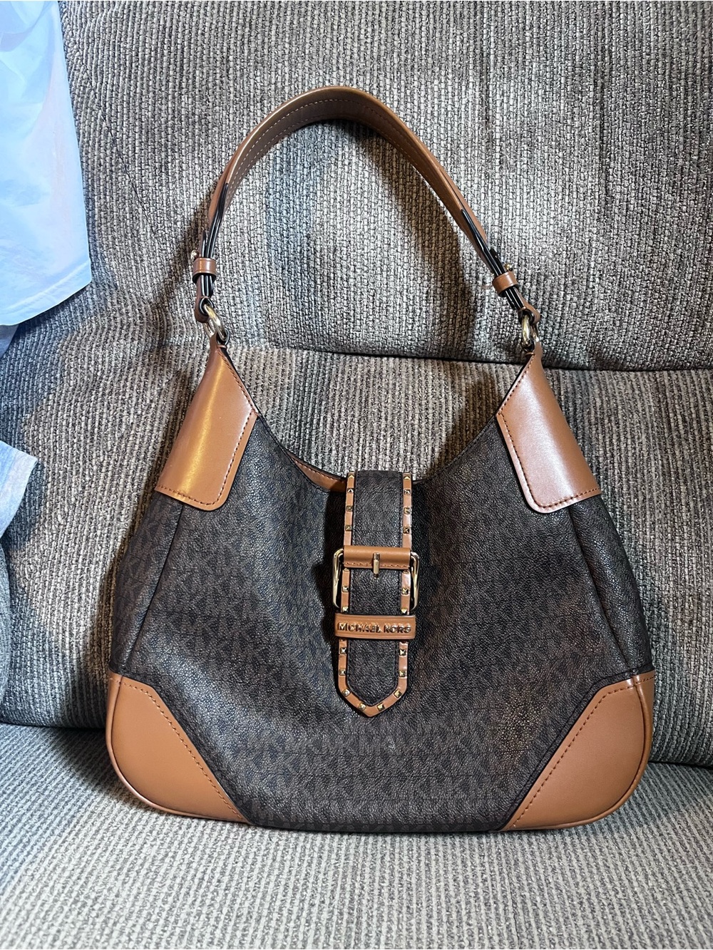 Michael Kors Brown Monogram Shoulder Bag with Tan Trim